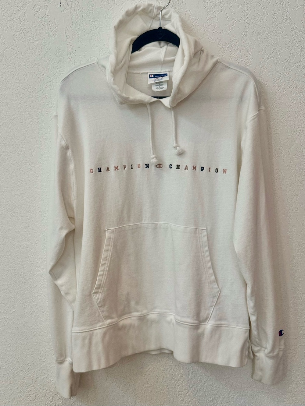 Men's Champion white long sleeve mid-weight hooded t-shirt w/ embroidered logo